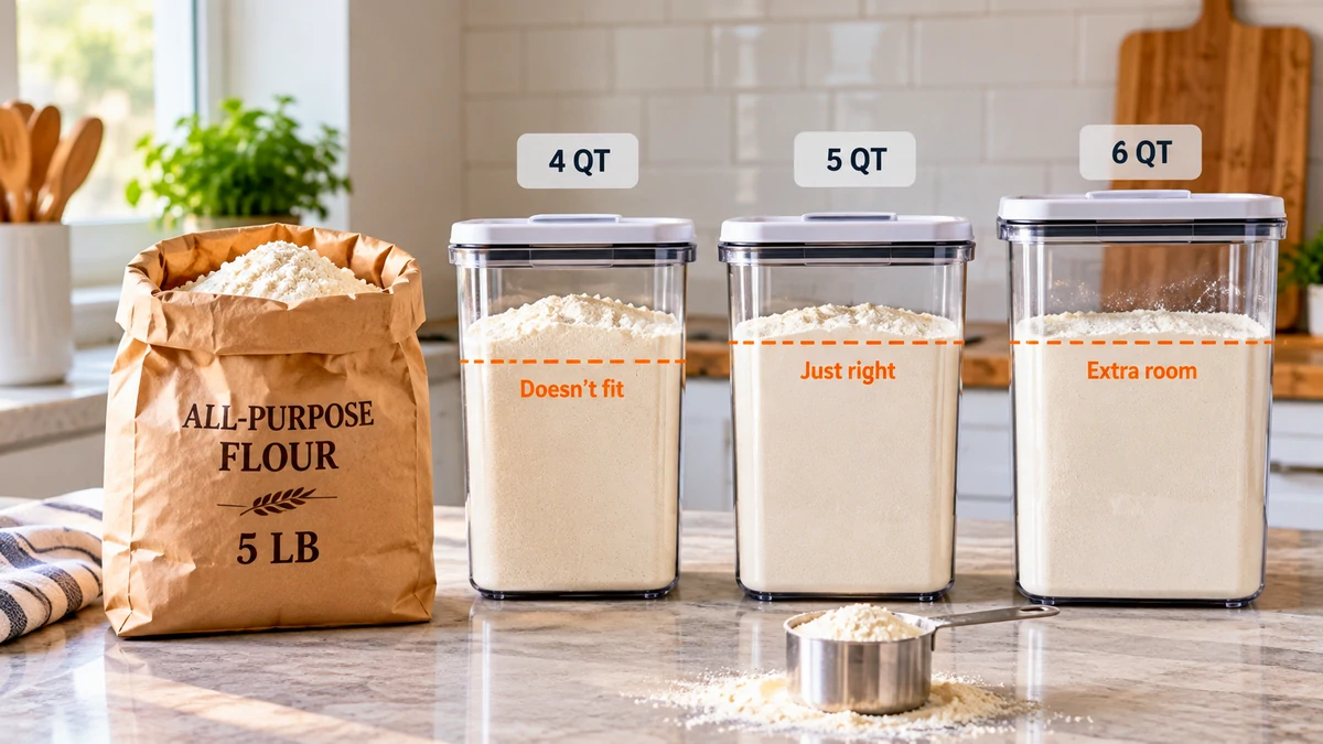 Flour being poured into a large clear airtight kitchen storage container