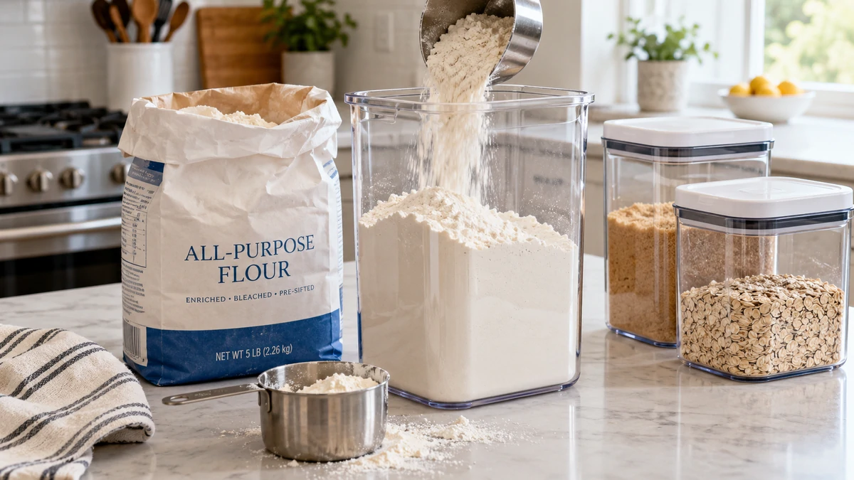 Five pound bag of flour beside 4 quart, 5 quart and 6 quart clear storage containers