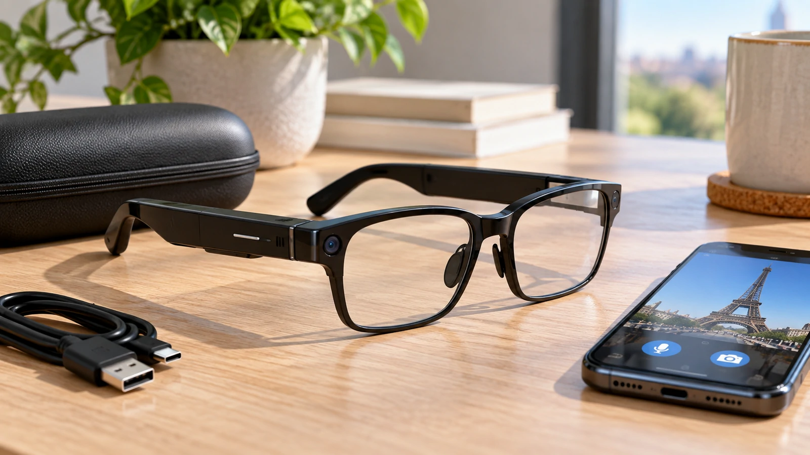 Mingdaln style AI smart glasses beside a smartphone showing translation and camera controls