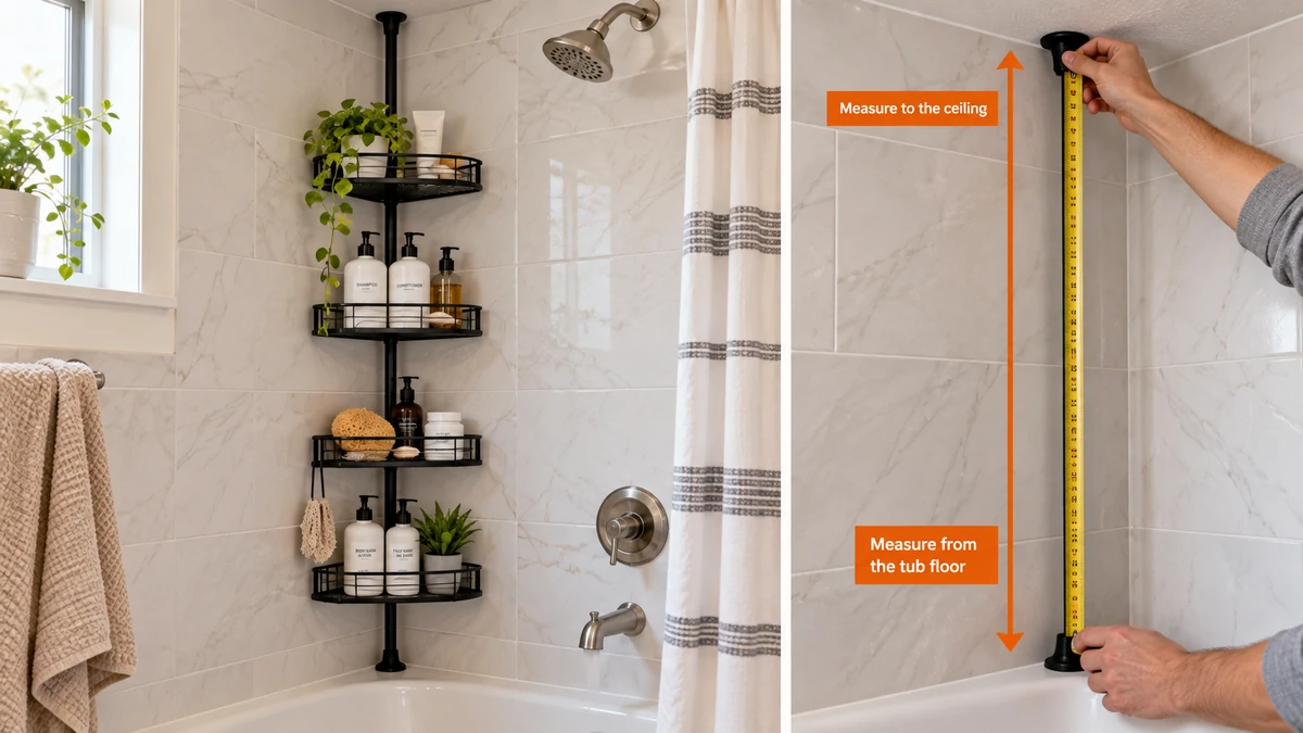 Measuring a shower corner from the tub floor to the ceiling for a tension pole caddy