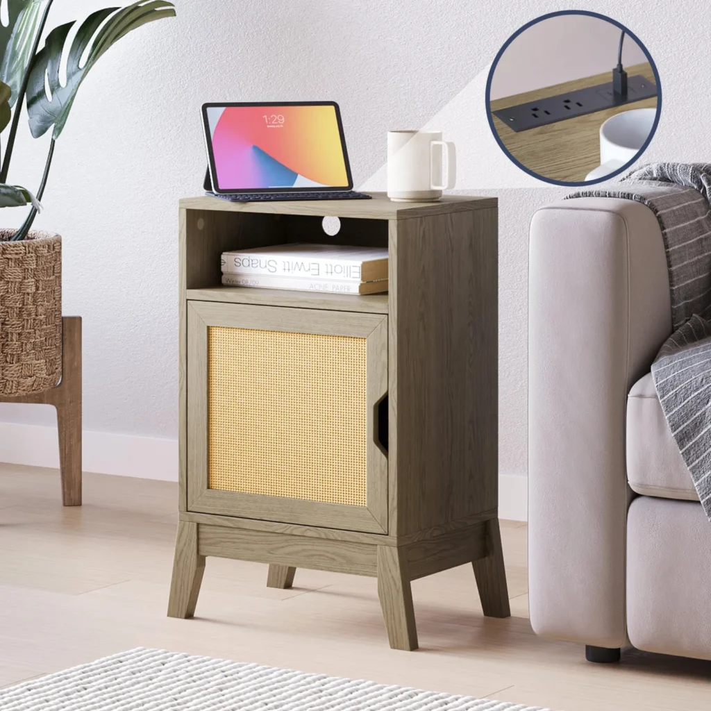 BELLEZE end table with rattan cabinet door and dark wood finish