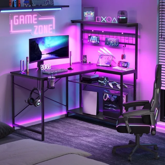 Bestier 51-Inch L-Shaped Gaming Desk with Power Outlets, 4-Tier