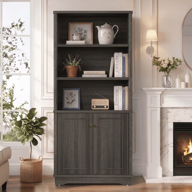 Bestier 71″ Tall Farmhouse Bookcase, 5 Tiers Bookshelf with Door, Gray