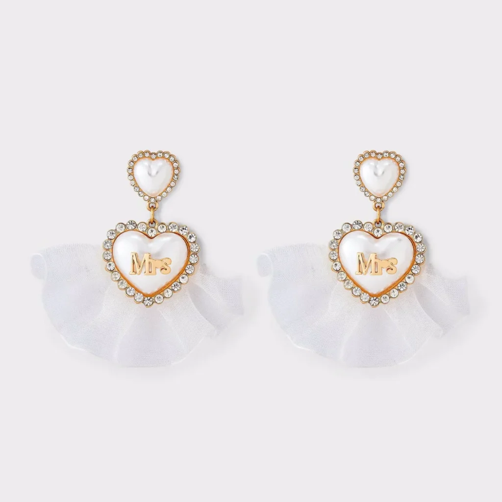 Gold-tone post drop earrings with a heart-shaped "Mrs" accent, faux pearls, shiny crystals, and white tulle.