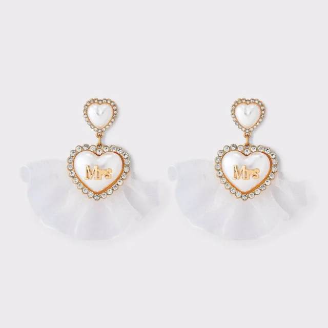 Bridal “Mrs” Heart Post Drop Earring with Tulle – White/Gold Pearl