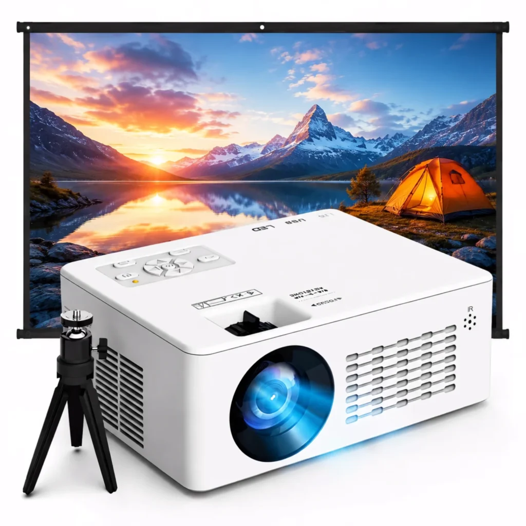 GCZ projector with screen and mini tripod