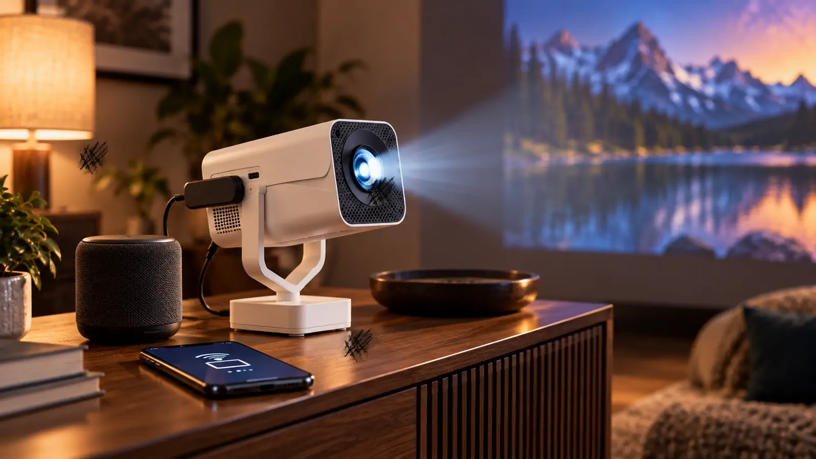 GCZ 2026 projector specs setup with HDMI streaming stick and Bluetooth speaker