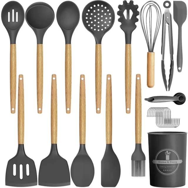 GPED 29 Pcs Silicone Kitchen Utensil Set with Wooden Handle, Gray