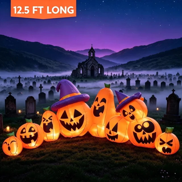 Joyfy 12.5 FT Halloween Inflatable Long Pumpkin with Witch Hat