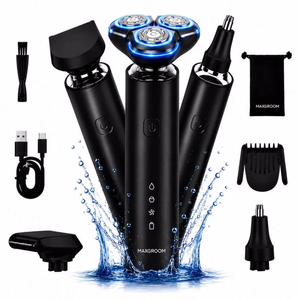 MAXGROOM cordless electric foil shaver with dual ring head, sideburn trimmer attachment, nose hair trimmer attachment, USB charging cable and cleaning brush