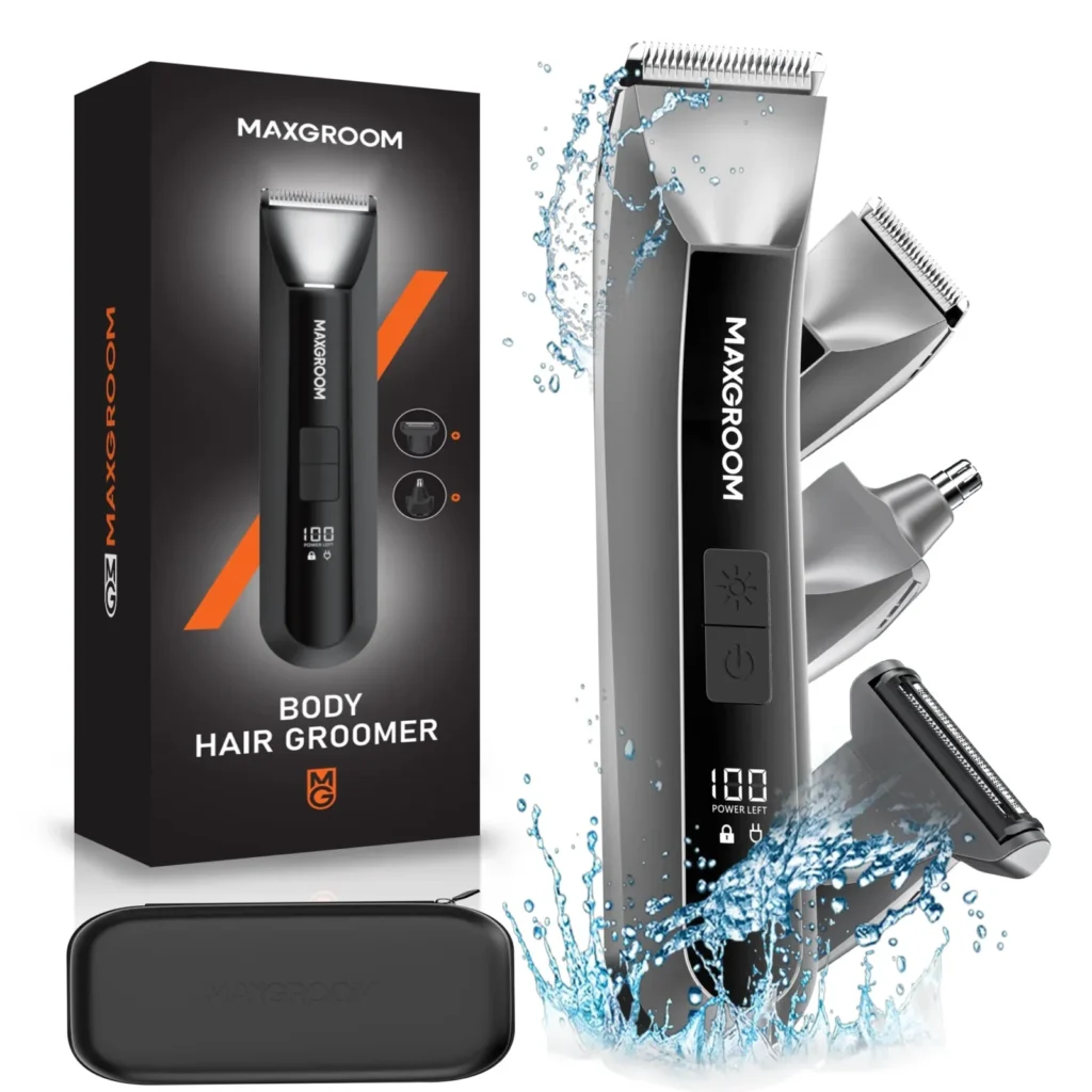 MAXGROOM black dual-speed 3-in-1 body and pubic hair trimmer with ceramic blades, four heads, USB-C cable, and storage pouch