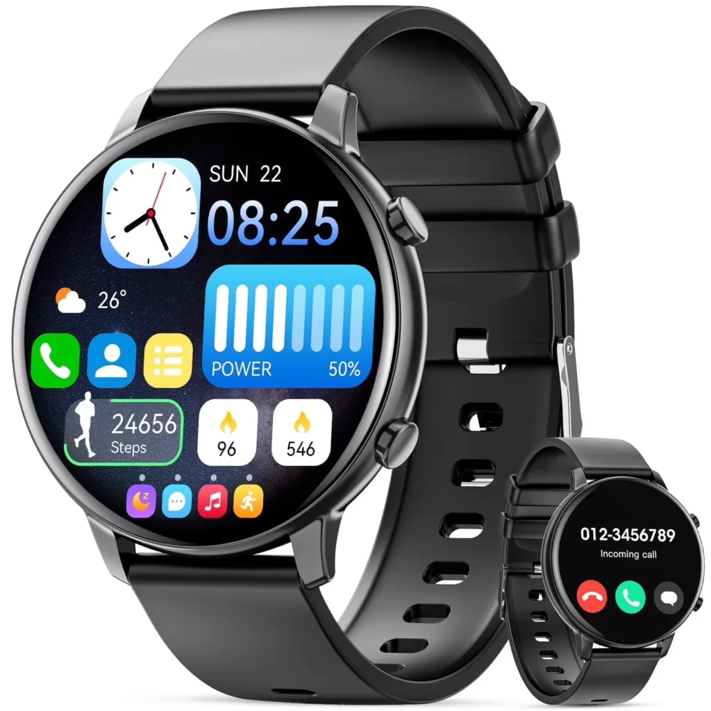 Mingdaln men's smart watch with black band showing a colorful watch face on a wrist
