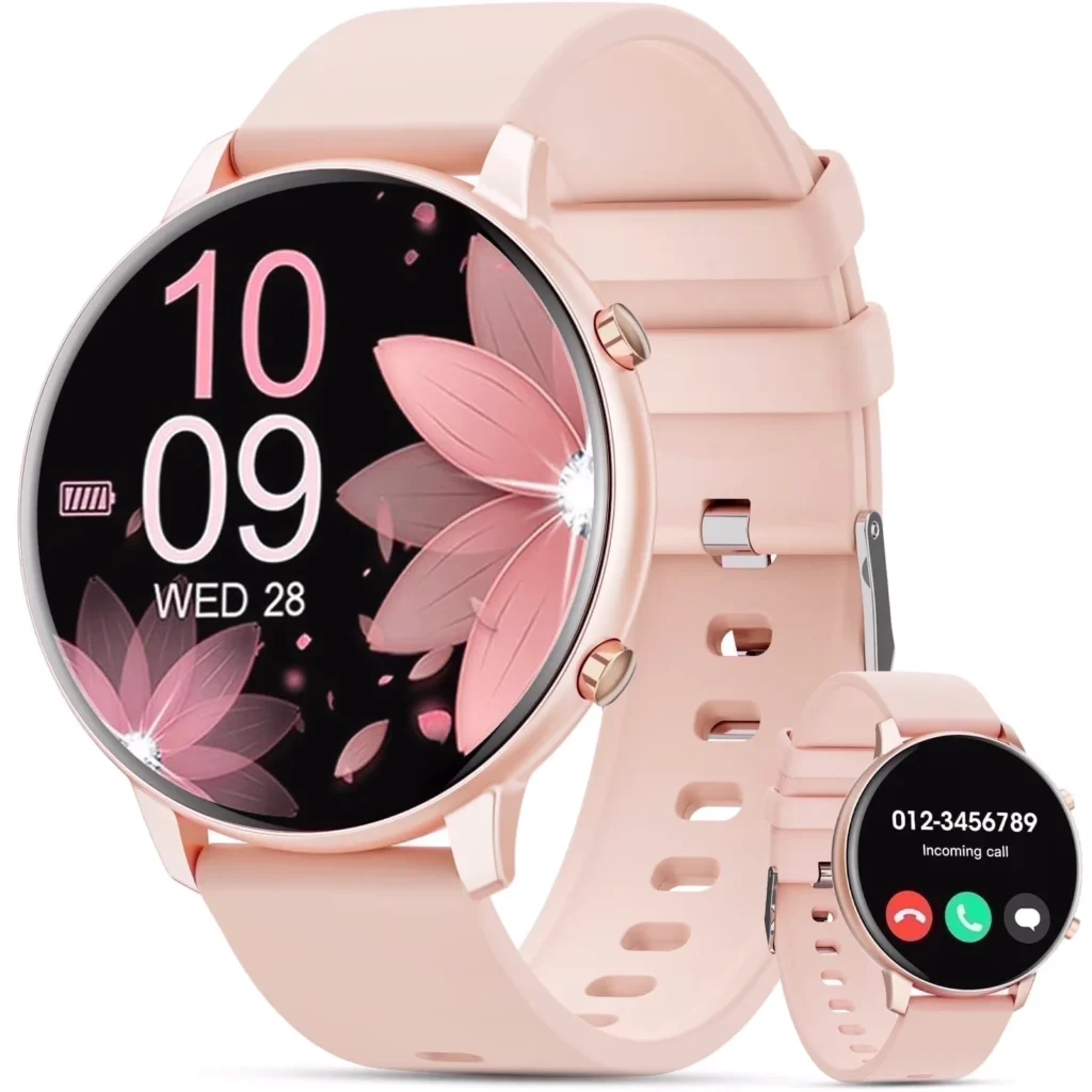 Mingdaln 45mm pink smart watch with fitness tracking and touchscreen, IP68 waterproof, for Android and iPhone