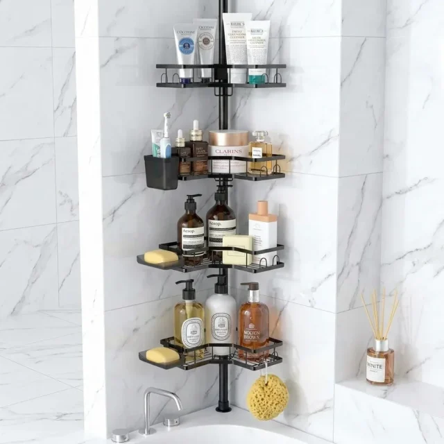 NULAS Shower Caddy with Tension Pole 4-Tier — Black