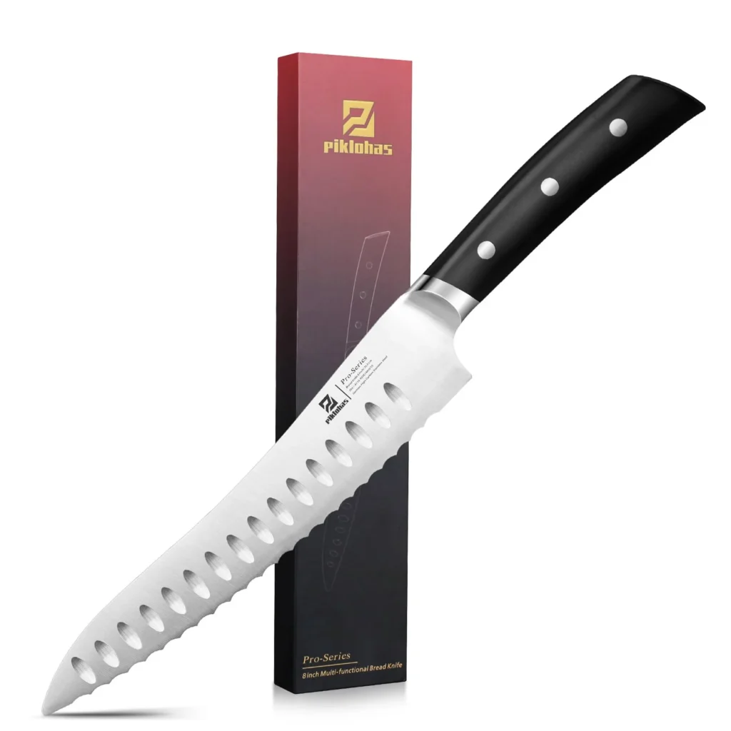 Piklohas resharpenable serrated bread knife with an 8-inch blade and black handle