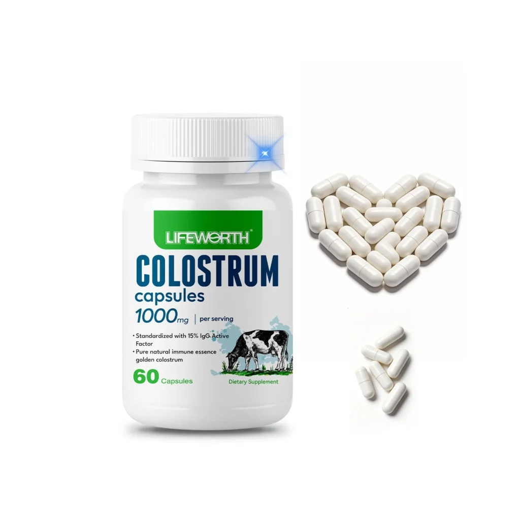 Grass-fed bovine colostrum supplement capsules in a container