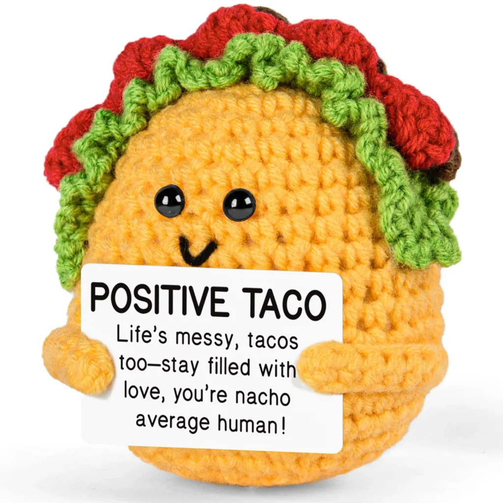 Mini crocheted taco with cheerful message card