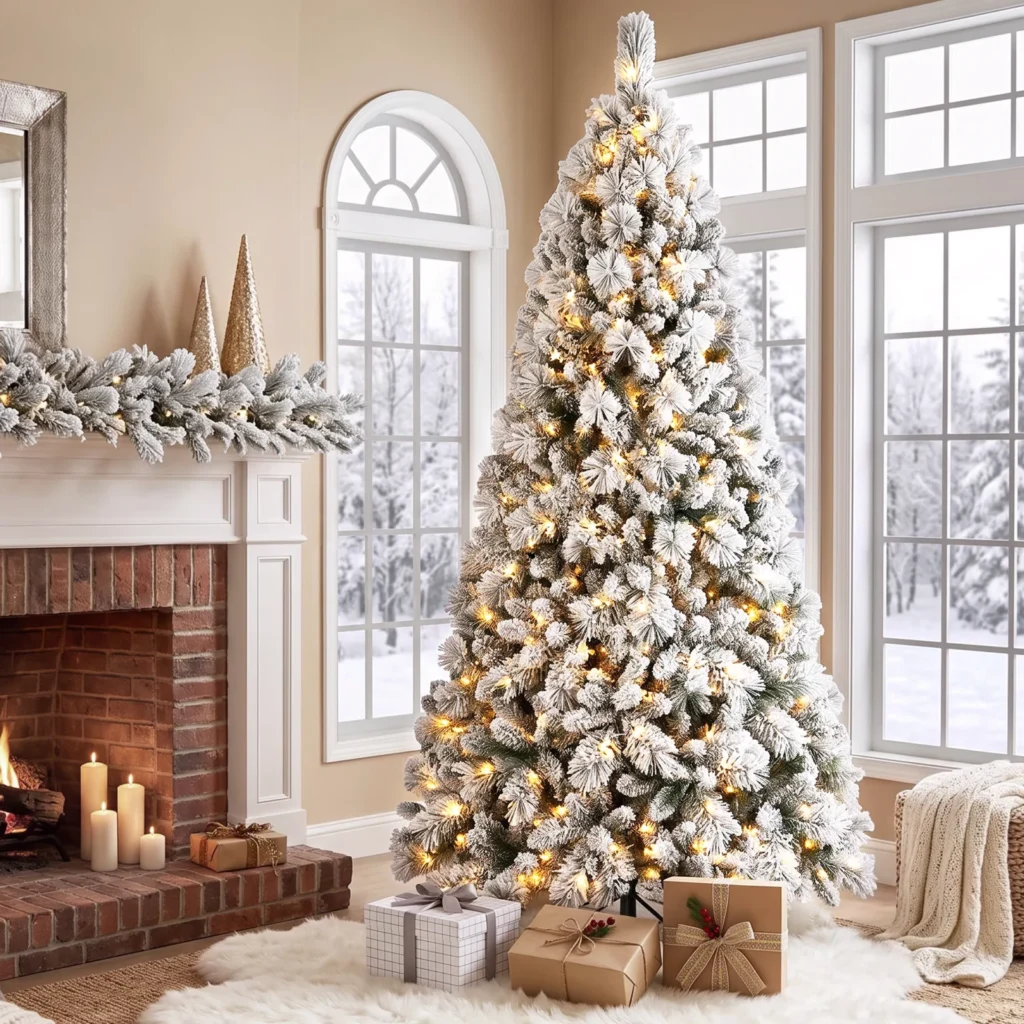 Rossetta 7.5 ft pre-lit flocked artificial Christmas tree with a snow-covered finish