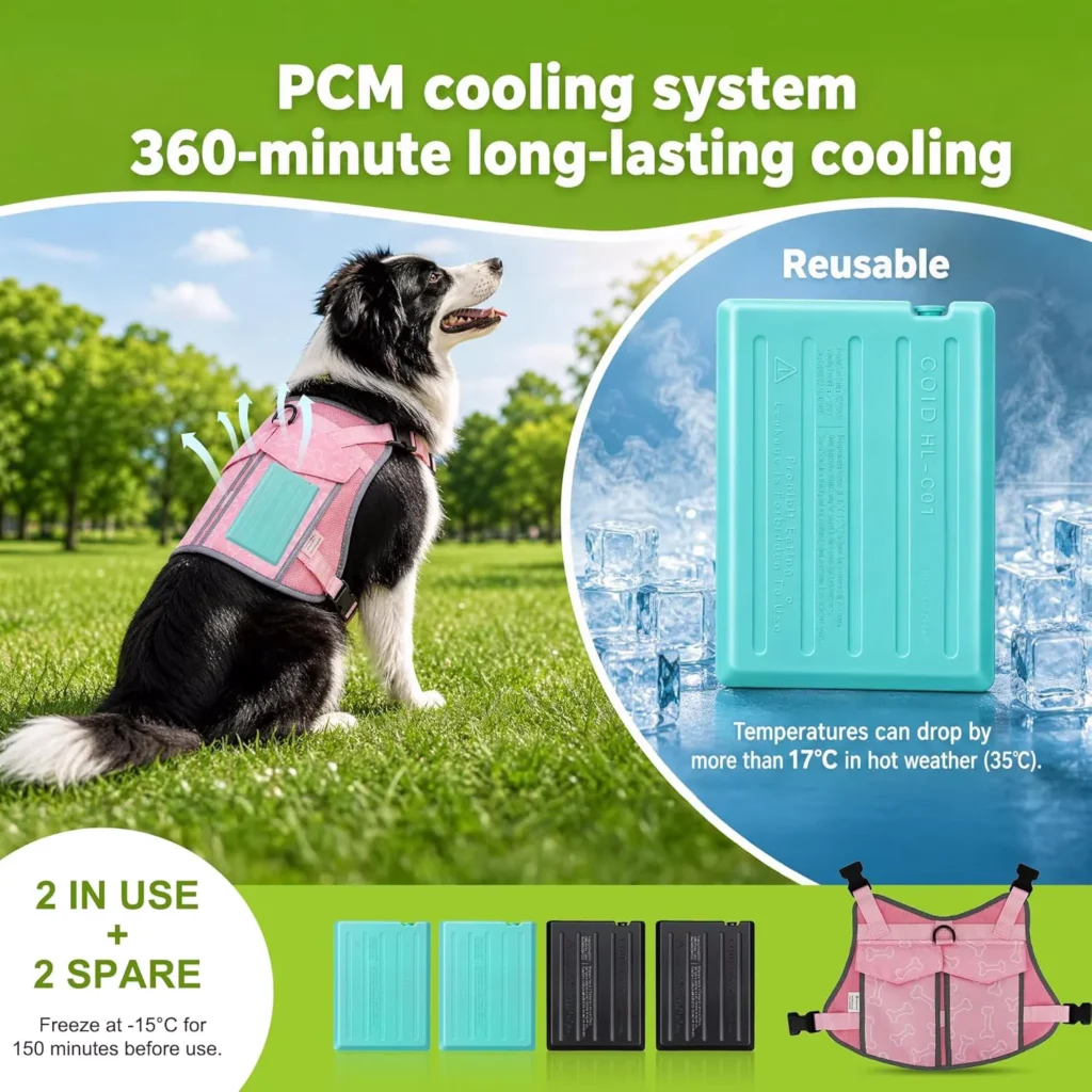 SAVIORCOOL dog cooling vest harness in black, showing adjustable straps and ice packs