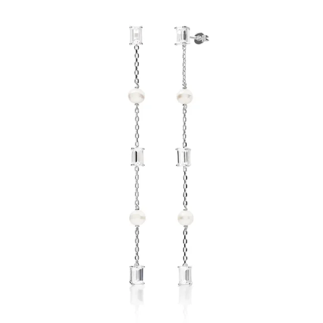 theo Grace All Night Moissanite & Pearl Drop Earrings in Silver