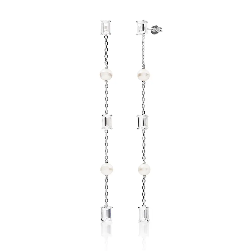 theo grace All Night Moissanite & Pearl Drop Earrings in Silver