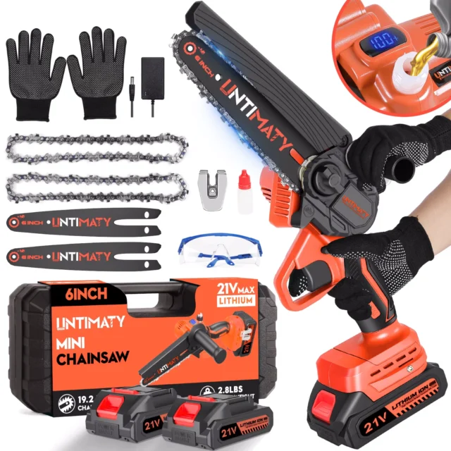 UNTIMATY Mini Chainsaw 6 Inch Cordless with 2 Batteries and 2 Chains