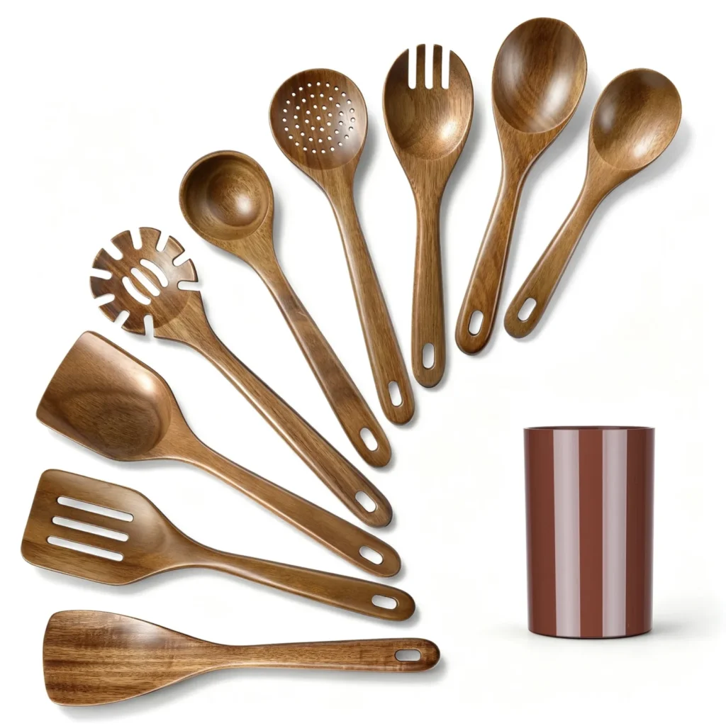 Vesteel 10-piece acacia wood kitchen utensil set with plastic holder