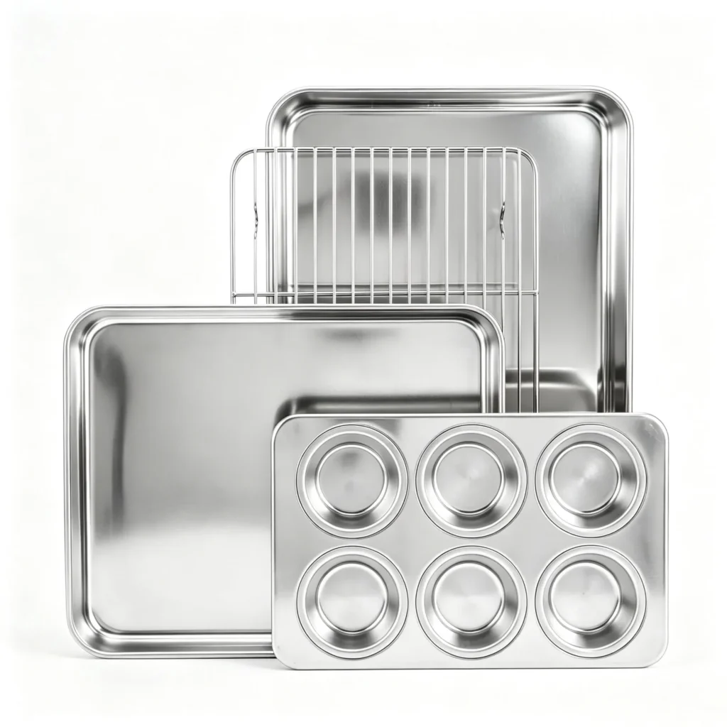 Vesteel 4-piece stainless steel bakeware set in silver, including baking sheet, deep pan, cooling rack, and muffin pan