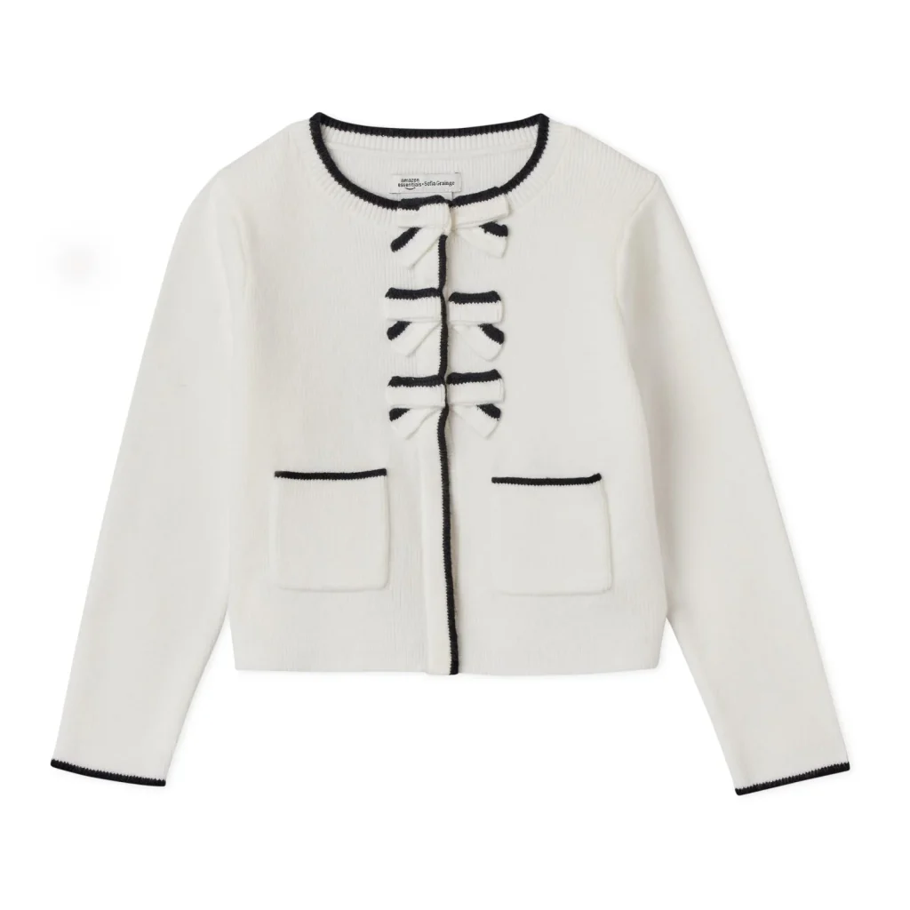 Amazon Essentials x Sofia Grainge girls bow front sweater knit novelty cardigan