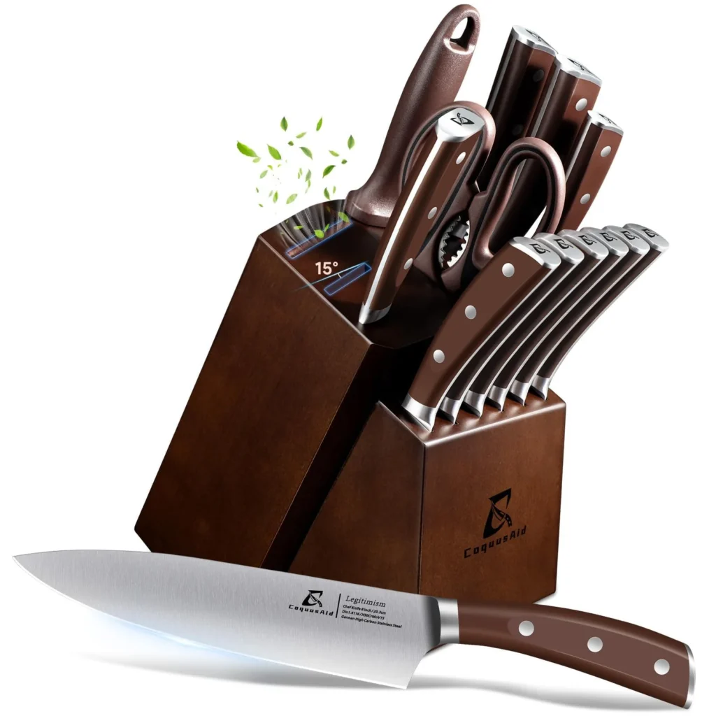 CoquusAid 15-piece kitchen knife set with brown wooden block