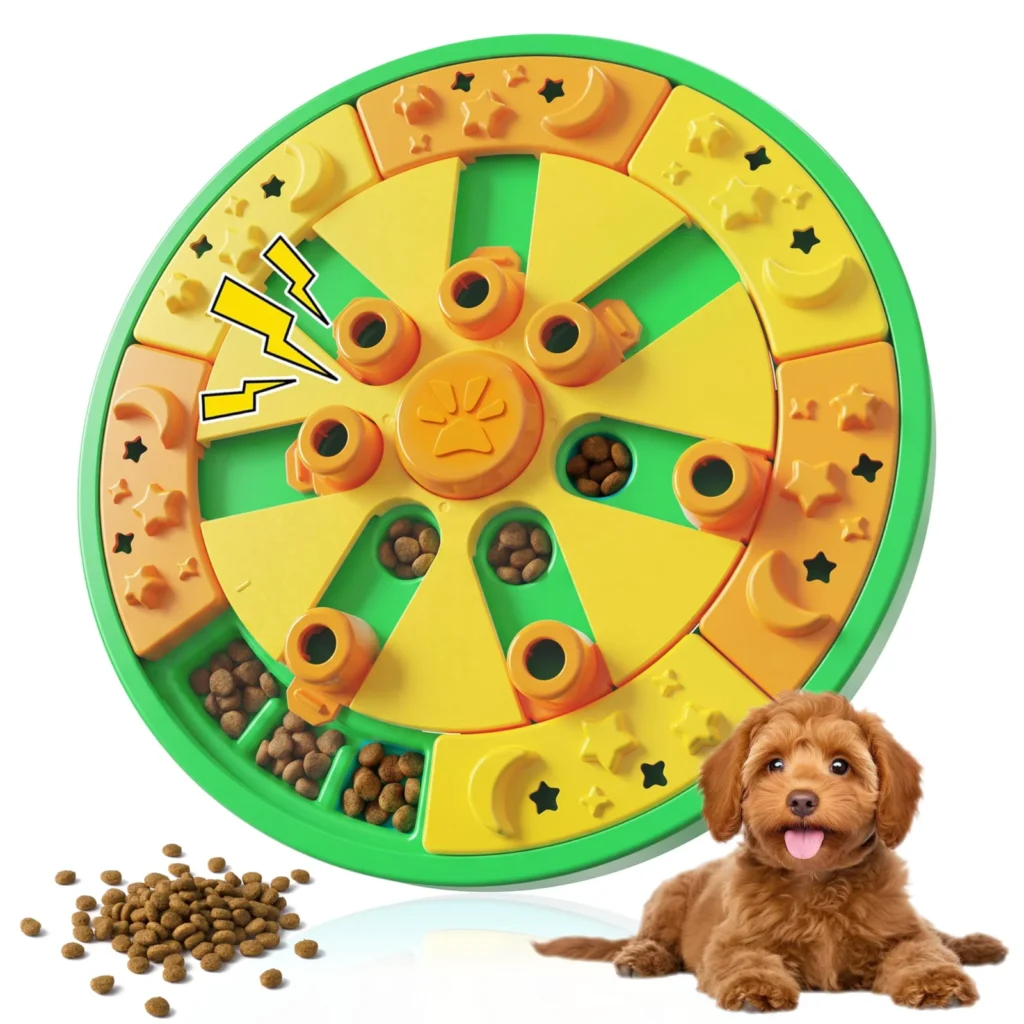 Round interactive dog puzzle toy with sliding treat sections and a built-in sound maker
