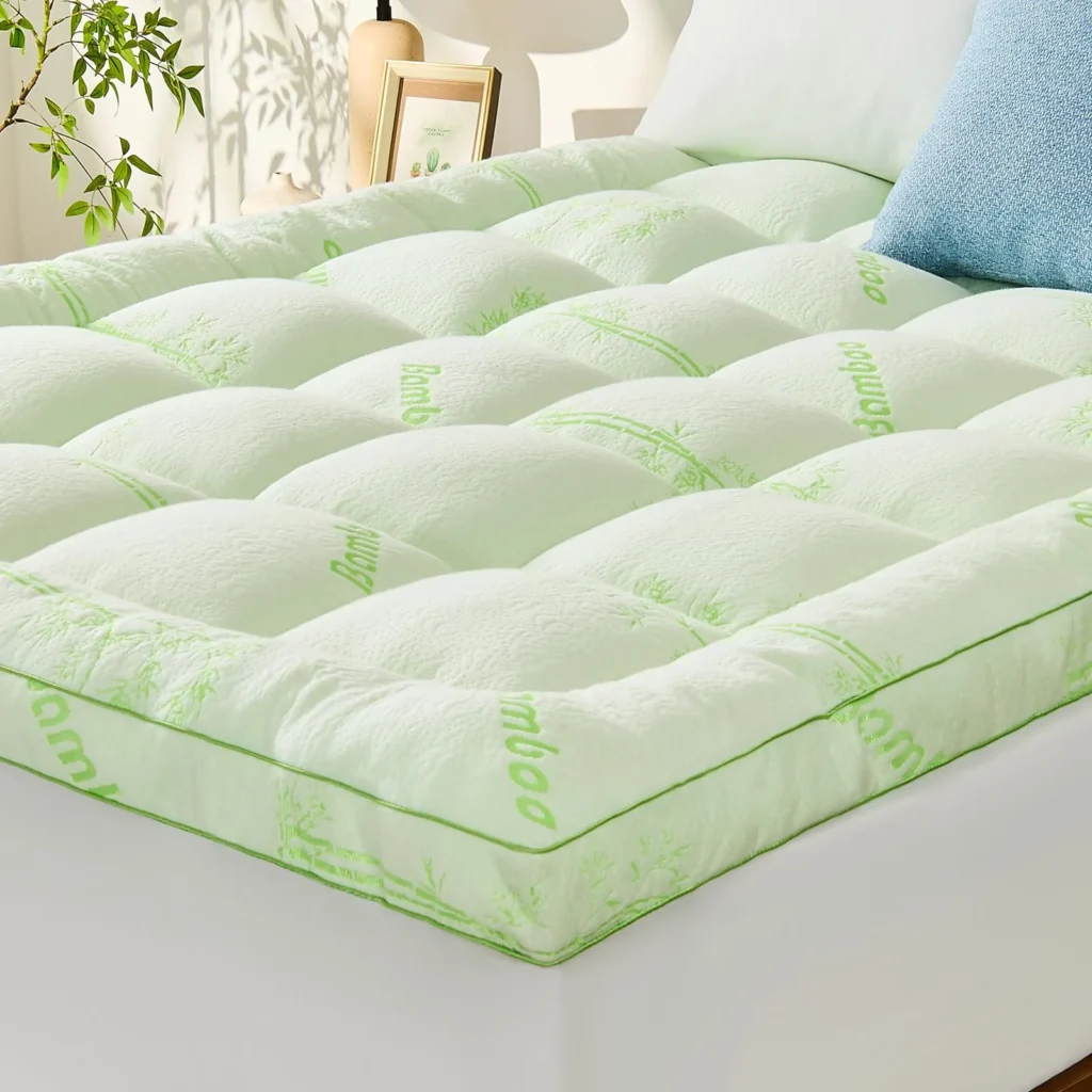KRIMANO California King mattress topper in green with a quilted bamboo viscose blend cover