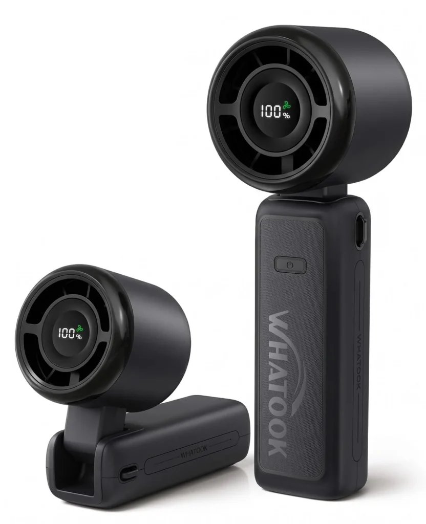 Black WHATOOK handheld fan with a foldable body